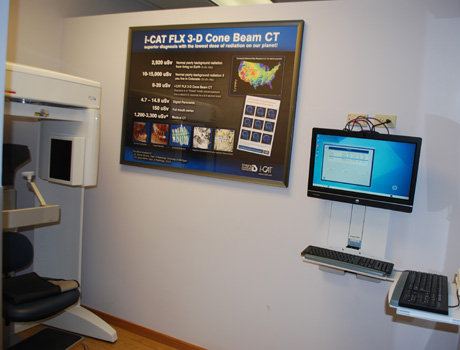 <strong>What is i-CAT FLX 3-D Cone Beam CT?</strong><br />
 The only 3D x- ray on the market which reduces amount of radiation 80% from previous models; Many Micro images/slices are taken in 3 planes. I-CAT software reconstructs all slices into one 3D image. Contrary to the Medical CT where radiation stays constant (1,200 – 3,000 micro-Sieverts per scan!), i-CAT FLX 3D CT produces pulsed radiation. So for 8.9 sec scan the area of interest is only radiated for approximately 2.4 sec; One i-CAT FLX 3D CT x-ray produces same amount of radiation as one to two days spent outside in Chicago.